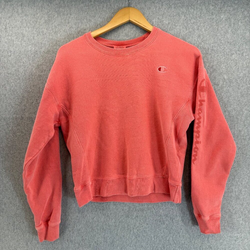 Champion Womens Size‎ Small Salmon Pink Crewneck Sweater Fleece Lined Logo Crop